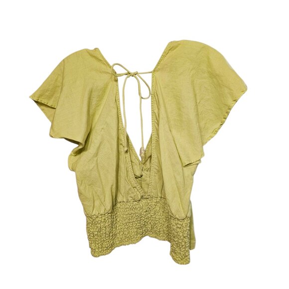 Anthropologie Twist Front Flutter Sleeve Cropped Linen Shirt Size XL, Lime Green - Picture 2 of 12
